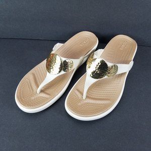 Crocs Sanrah Wedge Flip Flops Sandal Womens 10 US Beige Gold Embellished 204009